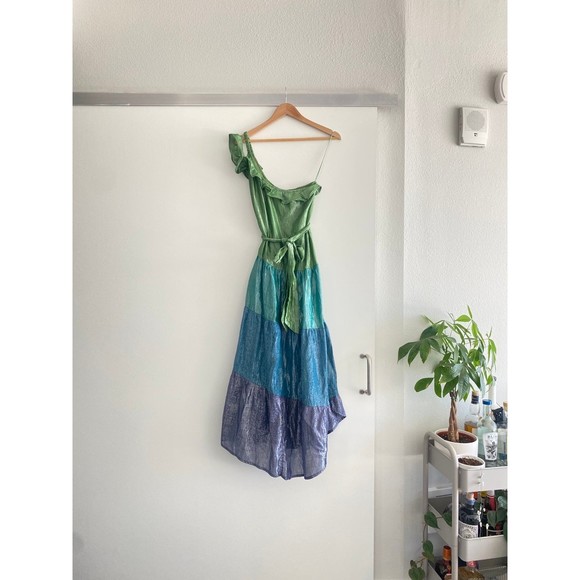 Anthropologie Maeve Metallic Ruffled One-Shoulder Color Block Belted Midi Dress - Picture 5 of 9